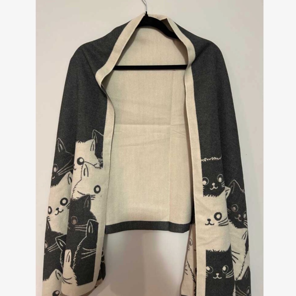 Cat Print Pattern Grey Beige Shawl Wide Scarf - Picture 3 of 4